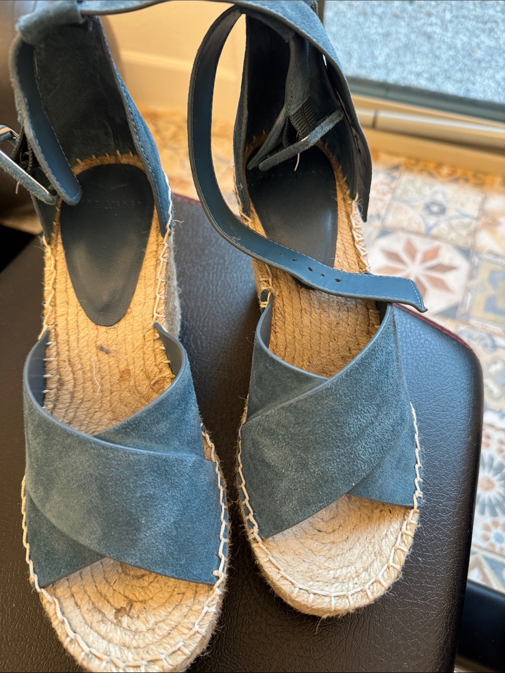 Marc Fisher Teal Suede Espadrille Wedge Sandals with Ankle Strap.  Worn once.